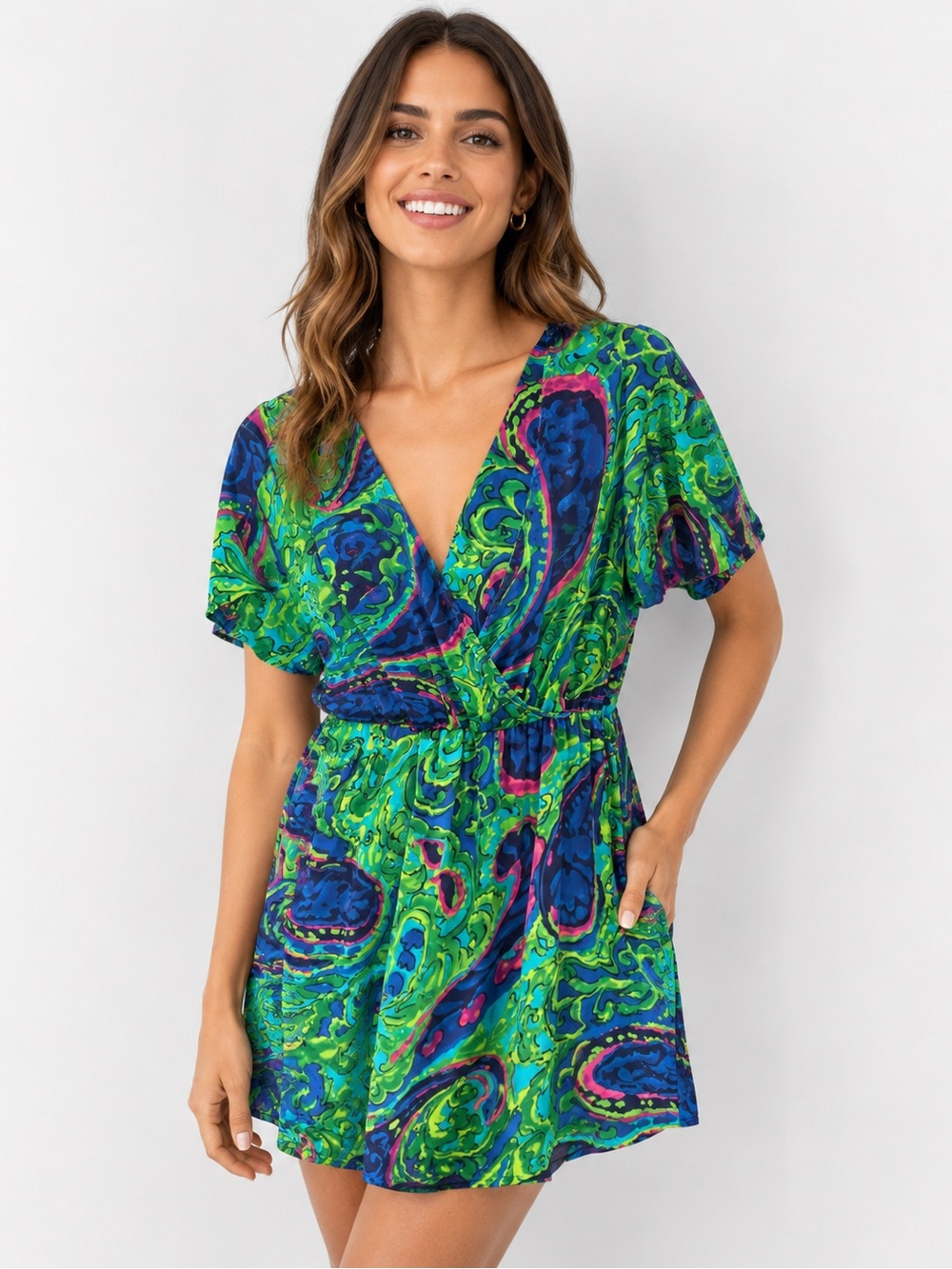 Show Me Your Mumu Neon Paisley Wrap Mini Dress | Made in USA | Small